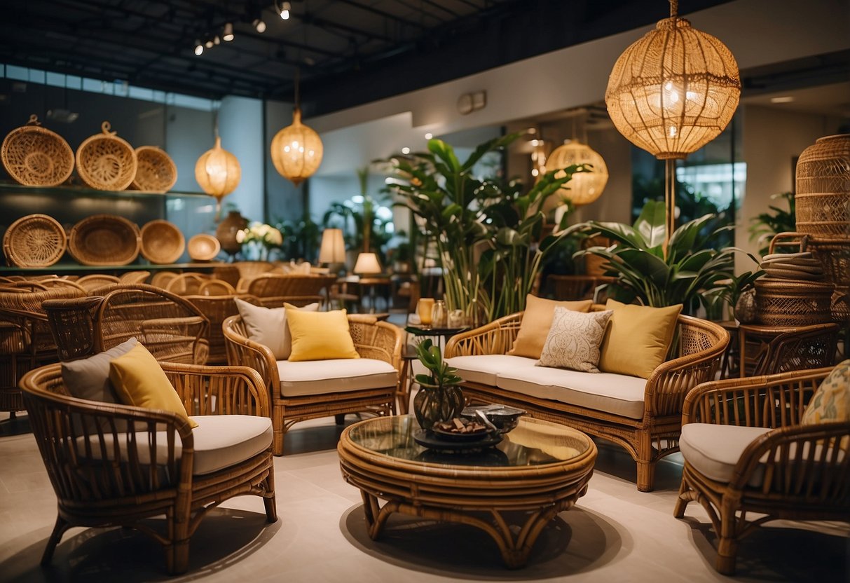 A bustling Singapore rattan furniture shop with vibrant displays and intricate designs, showcasing the beauty of traditional craftsmanship