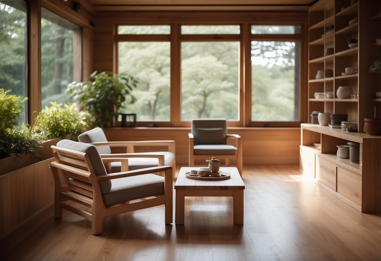 A serene room with hinoki furniture, bathed in soft natural light. A low table, chairs, and shelves showcase the warm, natural beauty of the wood