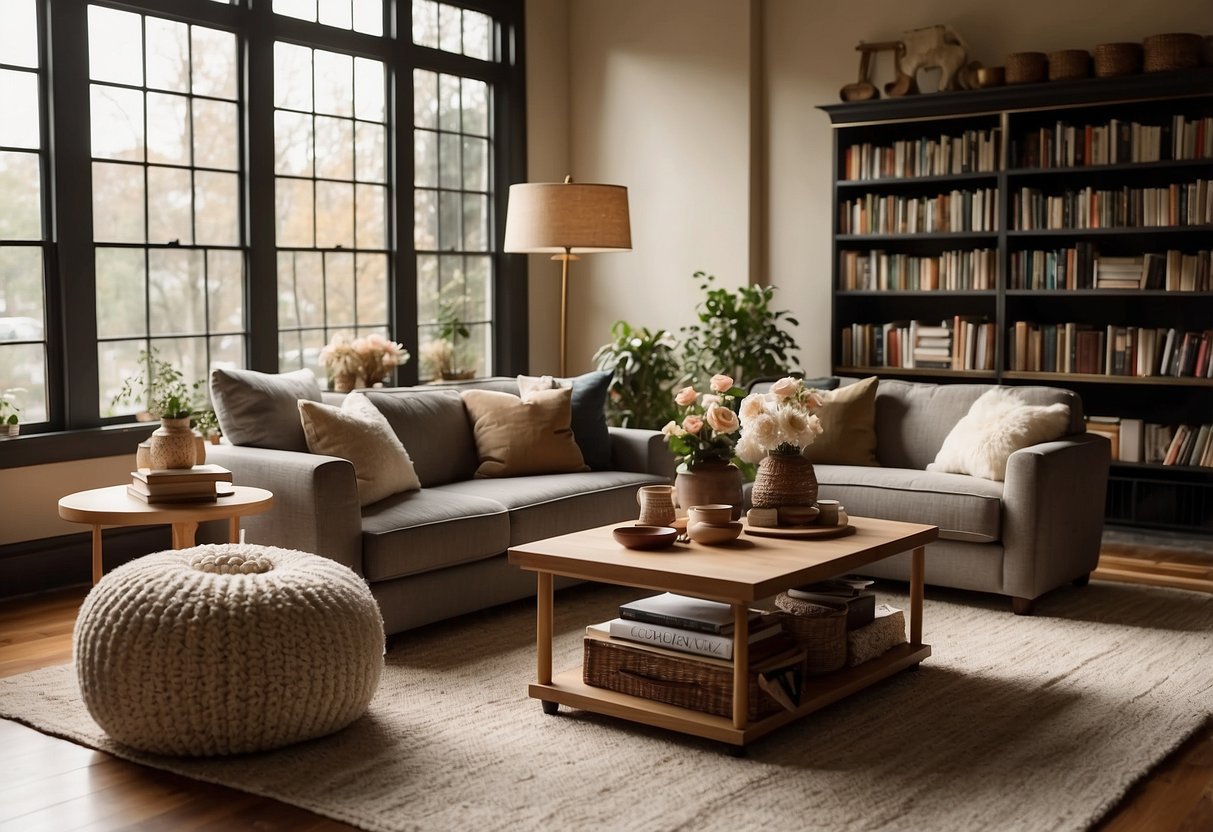 A cozy living room with a plush sofa, coffee table, and bookshelves filled with books. A soft rug covers the hardwood floor, and warm natural light streams through the windows