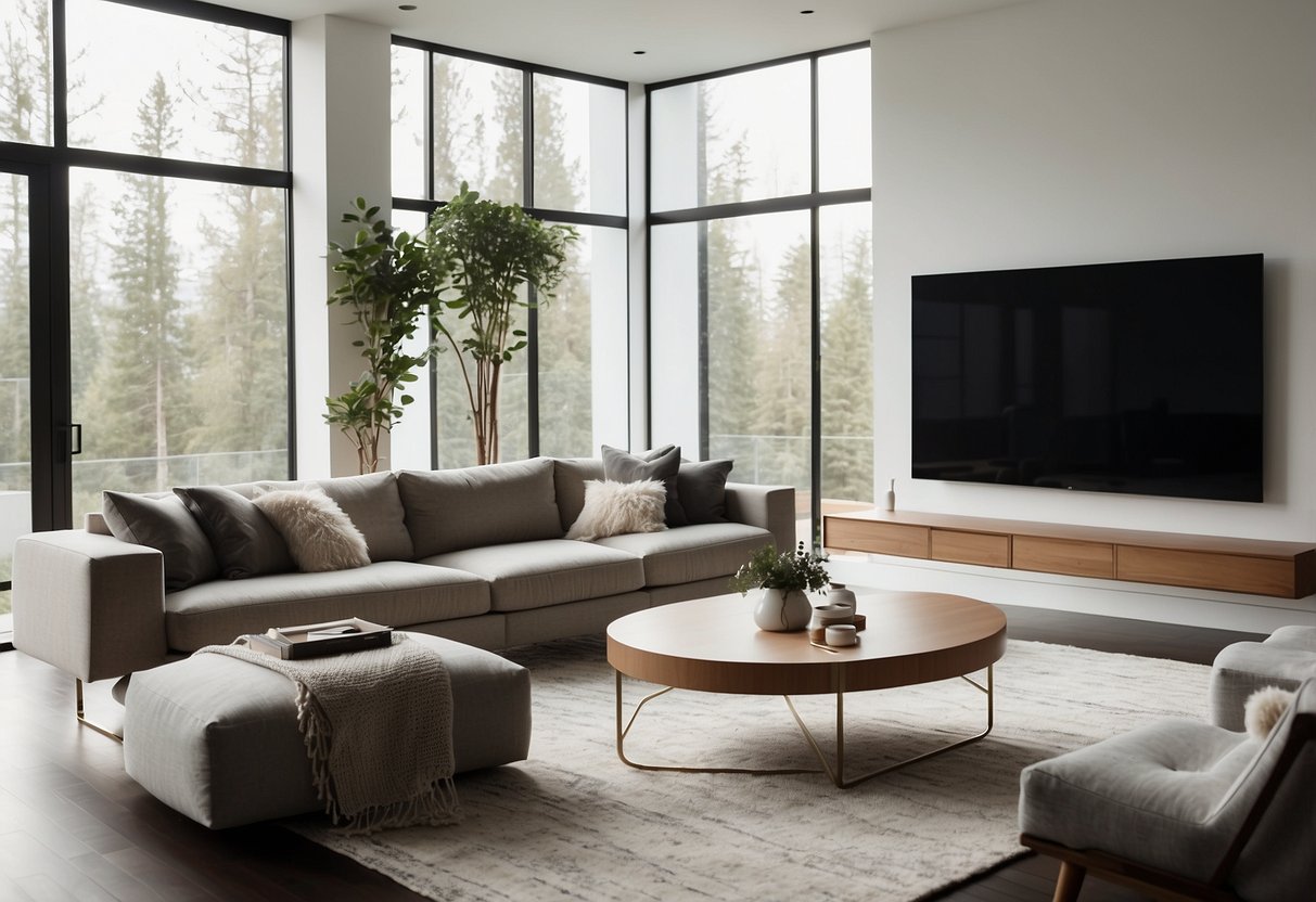 A modern living room with sleek furniture, clean lines, and neutral tones. A large, open-concept space with plenty of natural light and minimalist decor