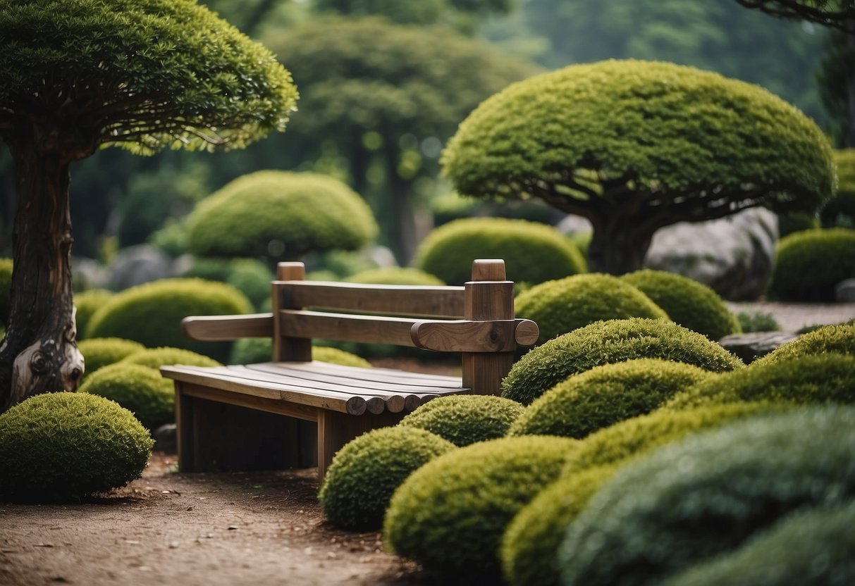 A tranquil Japanese garden with a Hinoki wood bench, surrounded by lush greenery and the scent of fresh pine