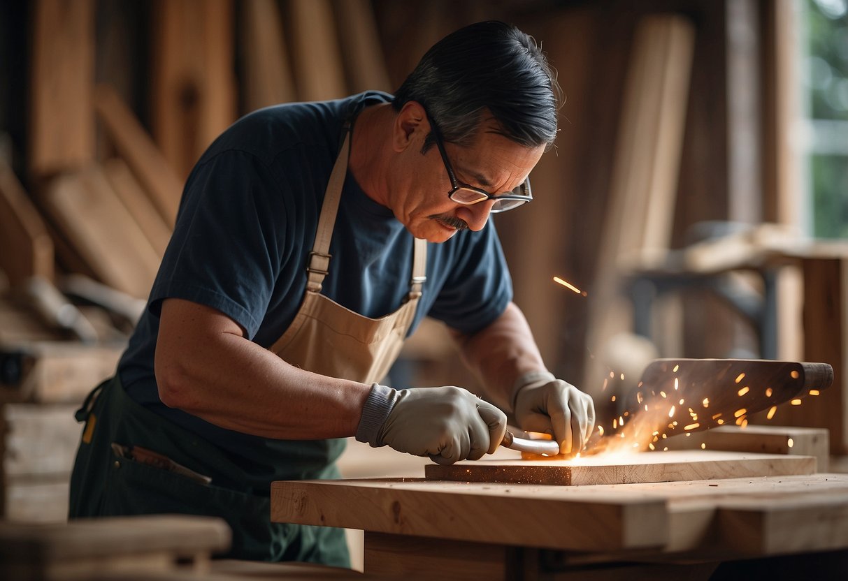 A craftsman carves hinoki wood, shaping a sleek chair with intricate detail