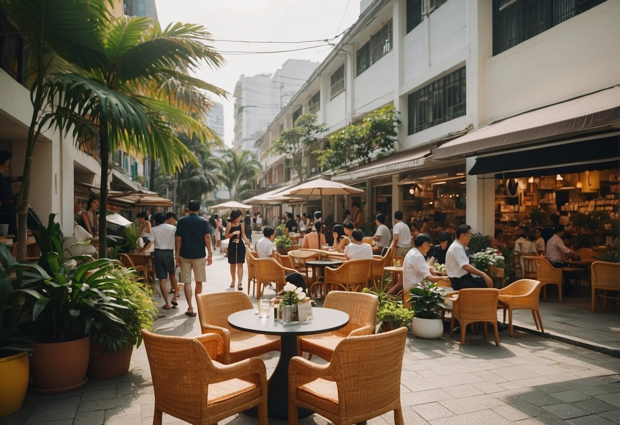 A bustling Singapore street with colorful rattan furniture shops, customers browsing, and shopkeepers answering questions