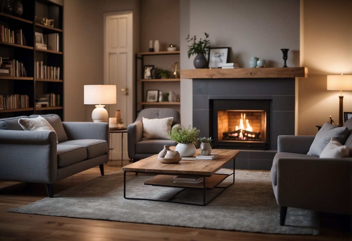 Various furniture pieces arranged in a cozy living room, with a plush sofa facing a fireplace and a coffee table in the center. A bookshelf and armchair complete the space