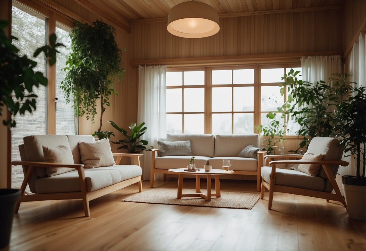 A cozy room with hinoki furniture, including a low table and chairs. Soft lighting and plants create a tranquil atmosphere