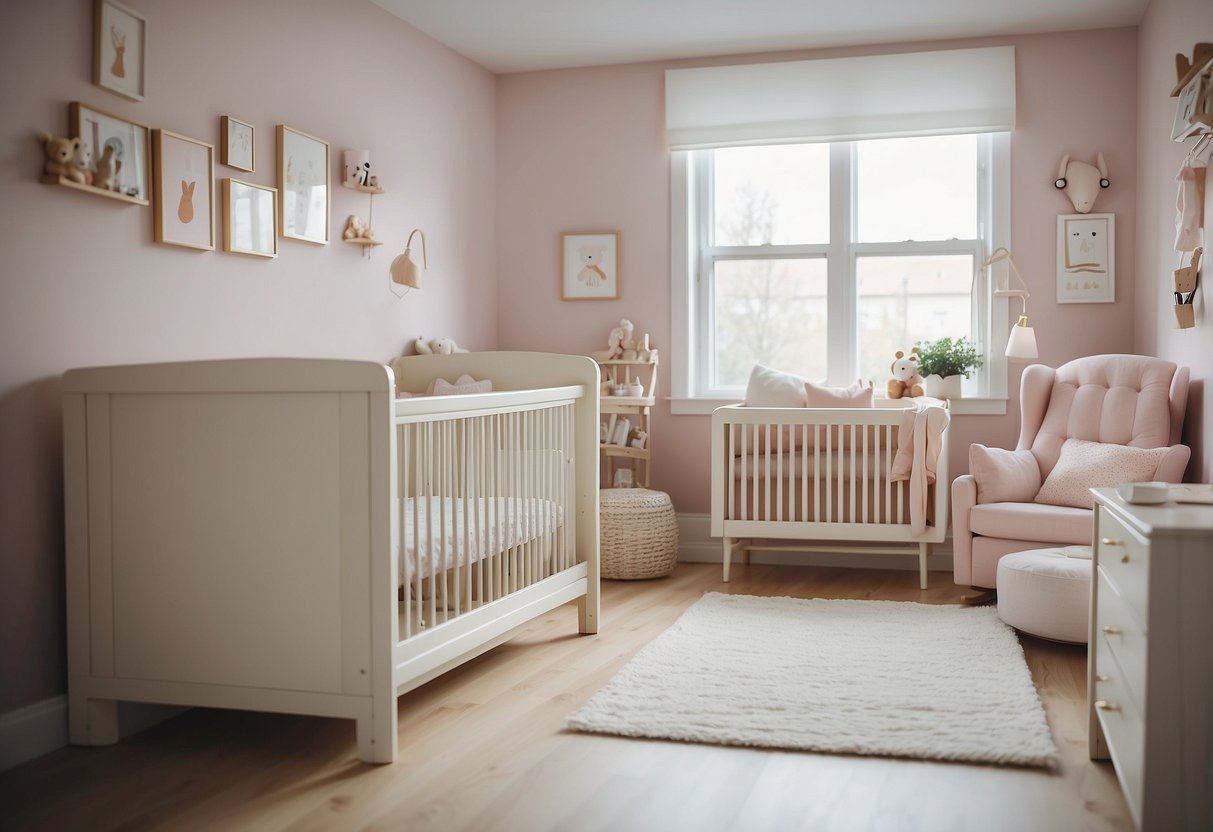 A nursery with IKEA baby furniture, featuring a crib, changing table, and rocking chair. Soft pastel colors and simple, modern designs