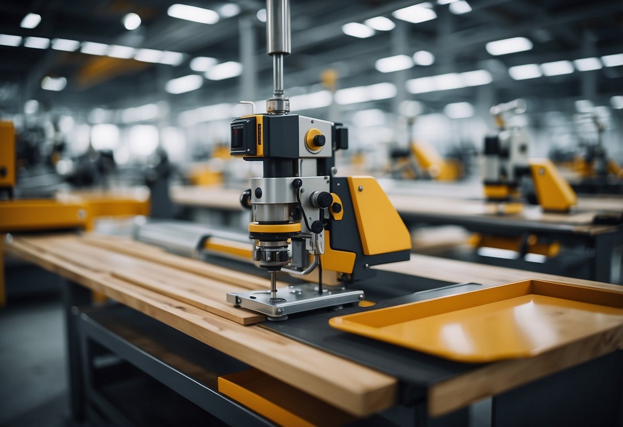 IKEA furniture: wood, metal, plastic. Factory assembly line. Raw materials transformed into sleek, modern designs