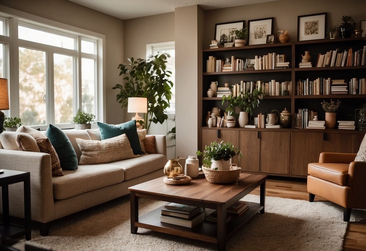 A cozy living room with a comfortable sofa, coffee table, and bookshelves. Soft lighting and warm colors create a welcoming atmosphere