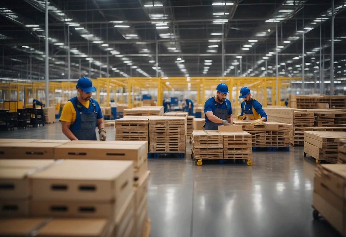 Ikea furniture made of wood, metal, and plastic. Assembly line workers assembling and packaging items. Raw materials stacked in warehouse