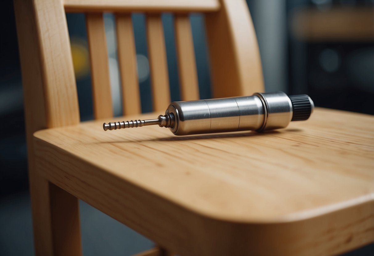 Ikea furniture wheels attached to a wooden chair, with a screwdriver and screws nearby