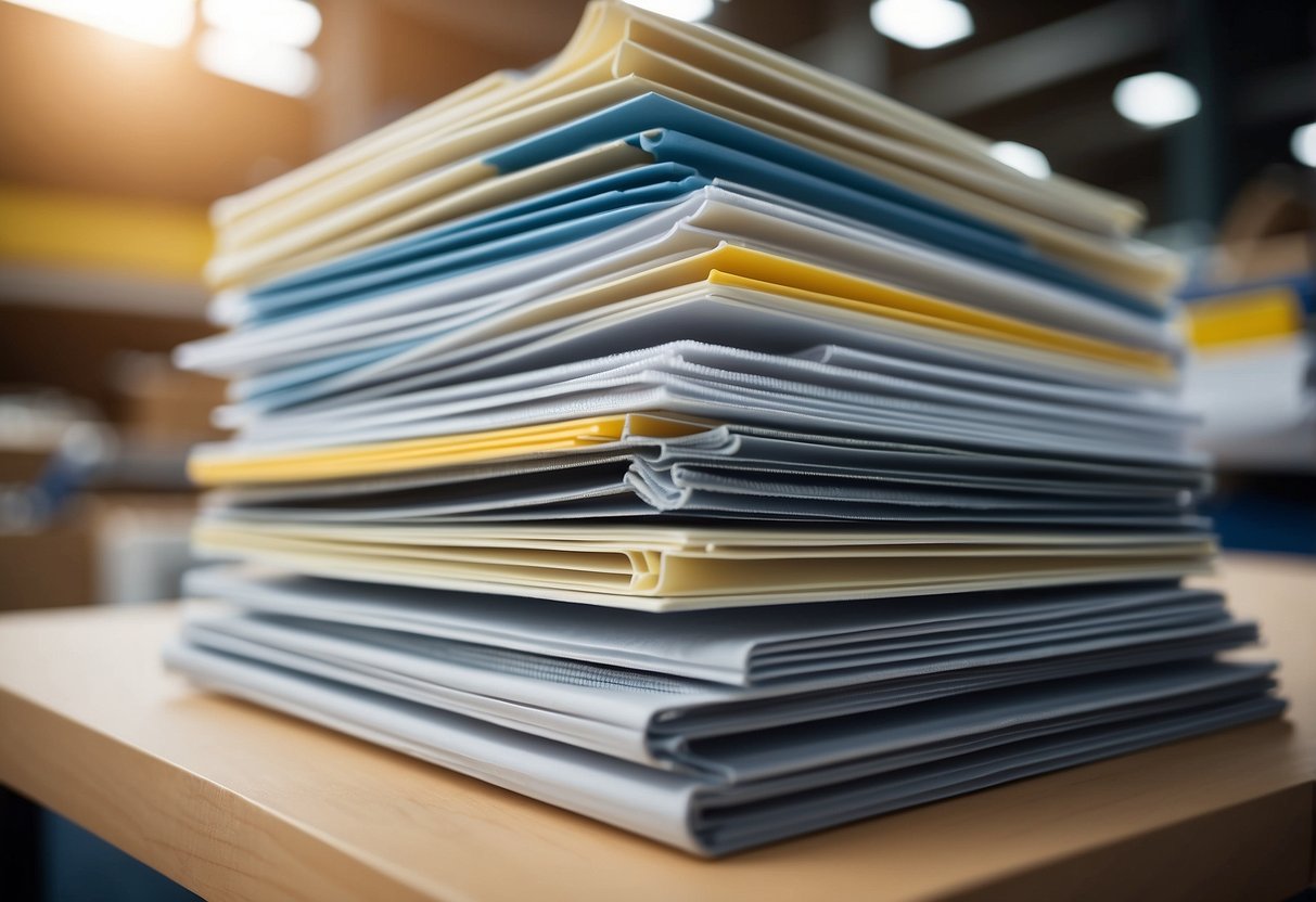 A stack of flat-packed IKEA furniture parts on a clean, well-lit workspace. Materials include wood, metal, plastic, and fabric