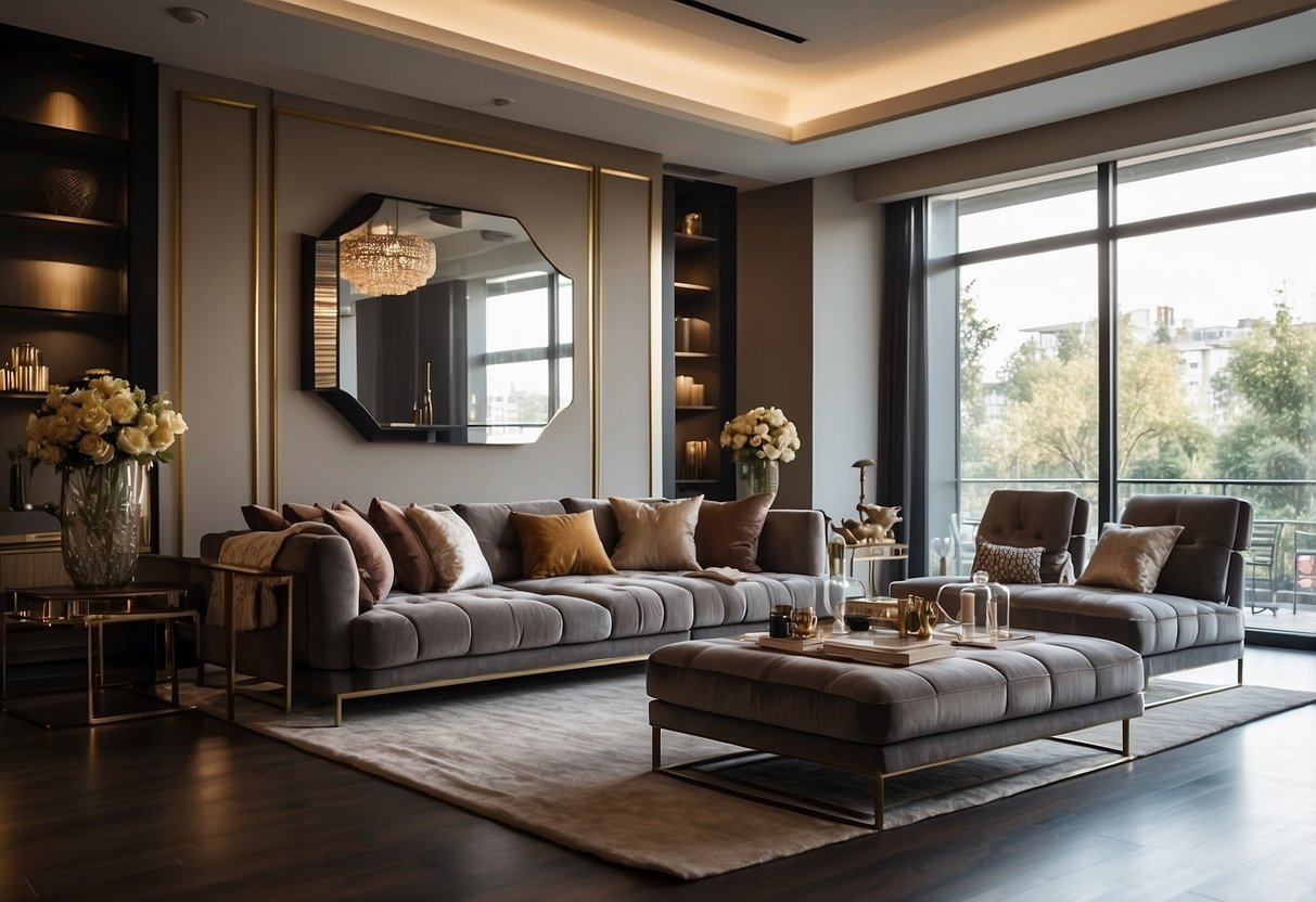 An elegant living room with luxurious furniture arranged in a modern and stylish manner, creating a warm and inviting atmosphere