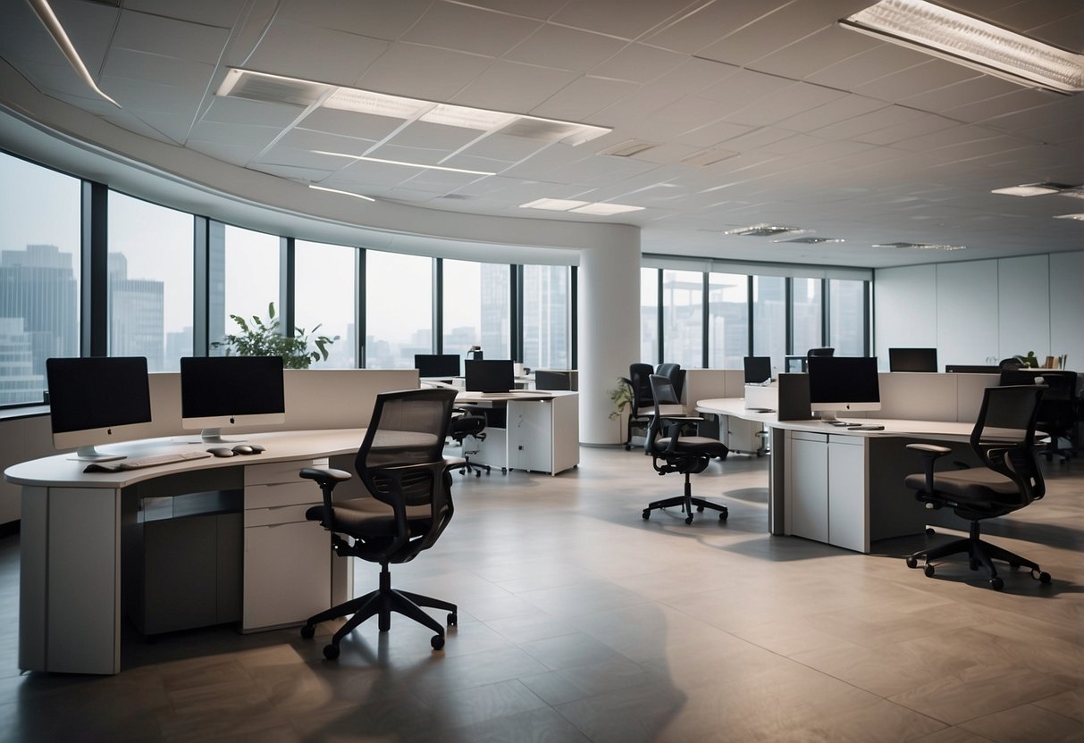 A bustling office with modern, sleek furniture arranged in a dynamic and efficient layout. The desks, chairs, and storage units are all designed for quick, productive work