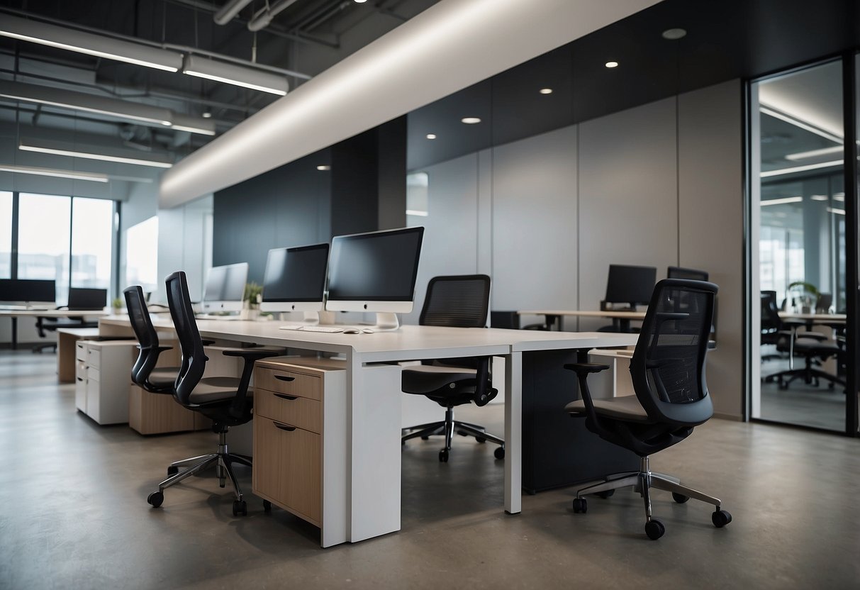 A sleek, modern office space filled with ergonomic chairs, adjustable desks, and stylish storage units from Rapid Office Furniture Collections
