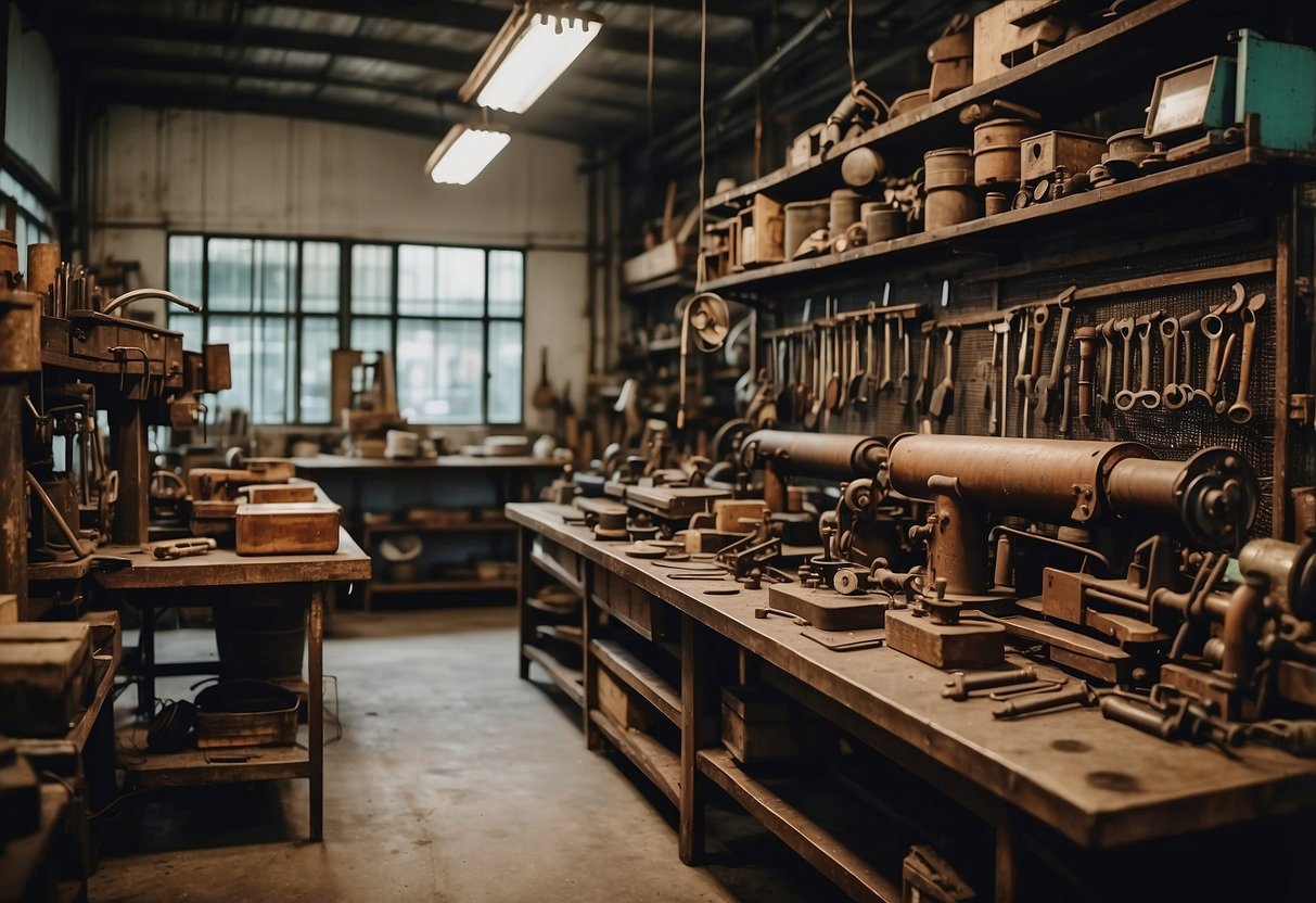 A cluttered workshop with metal shelves, wooden workbenches, and vintage industrial furniture in Singapore. Rusty tools and machinery add to the aged atmosphere