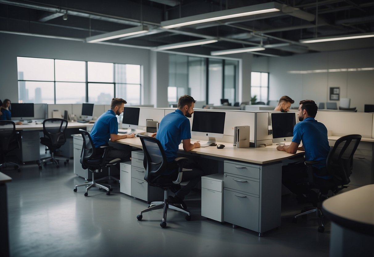 A team of workers swiftly customizing office furniture