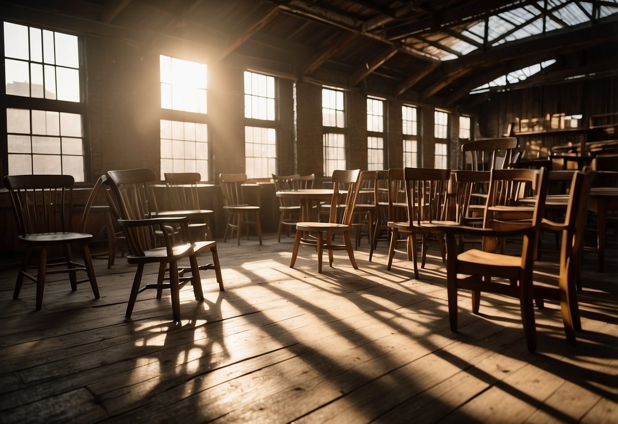 A cluttered warehouse filled with rustic chairs, weathered tables, and aged cabinets. Sunlight streams through dusty windows, casting shadows on the worn wooden floors