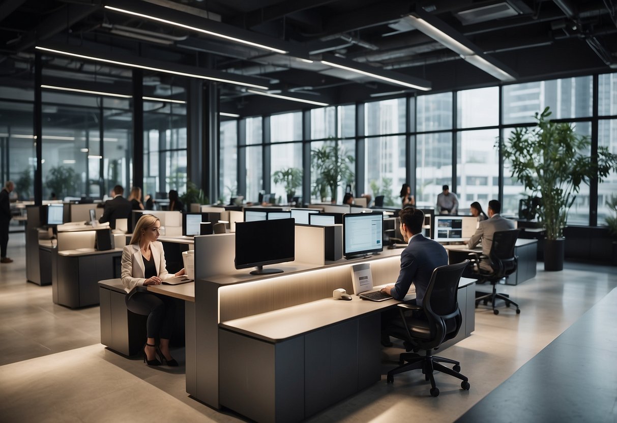 A bustling office with employees seeking information at a FAQ kiosk surrounded by modern, sleek furniture
