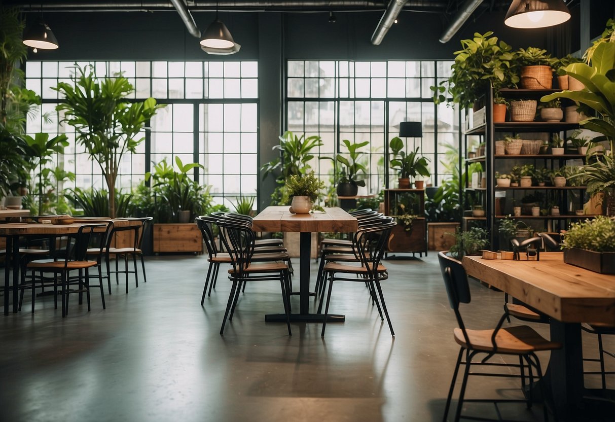 A vintage industrial furniture store in Singapore showcases sustainable, stylish pieces. Rustic wooden tables and metal chairs fill the space, accented by green plants and natural lighting