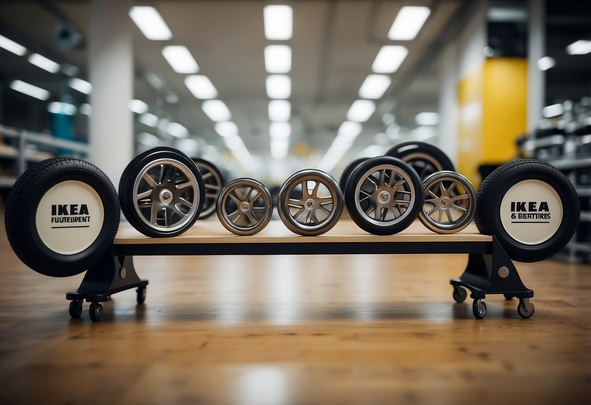 A set of ikea furniture wheels displayed with a sign reading "Frequently Asked Questions" in a modern, minimalist setting