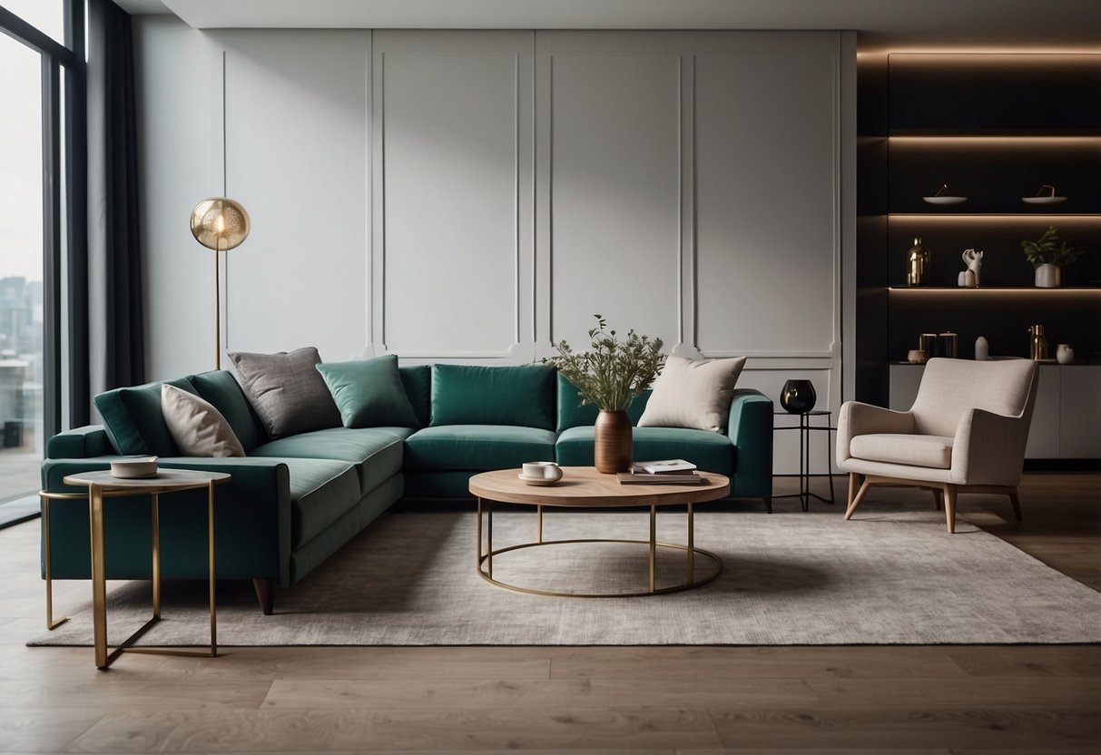 A room with modern, sleek furniture arranged neatly and stylishly. The furniture includes a comfortable sofa, a minimalist coffee table, and a chic armchair
