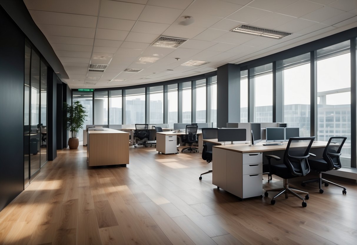 A spacious office with modern fit out furniture arranged in a sleek and functional layout, with ample natural light streaming in through large windows
