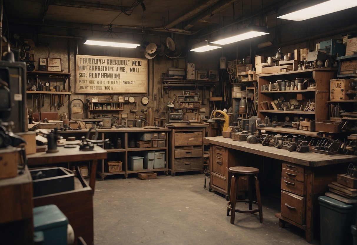 A cluttered workshop with vintage industrial furniture, shelves of tools, and a sign reading "Frequently Asked Questions" in Singapore