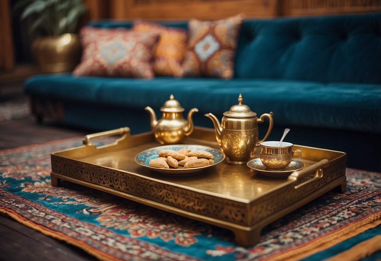 A room with low wooden seating, colorful cushions, and intricate carvings. A brass tray with tea and snacks sits on a patterned rug