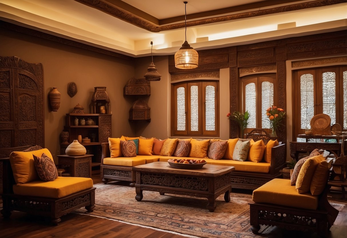 An inviting baithak-style living room with low wooden furniture, colorful cushions, and intricate carvings. A warm, cozy ambiance with traditional Indian decor