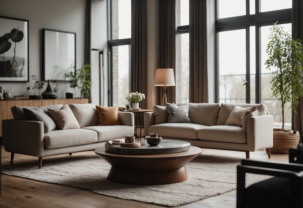 A cozy living room with unique, modern furniture arranged in a stylish and inviting manner