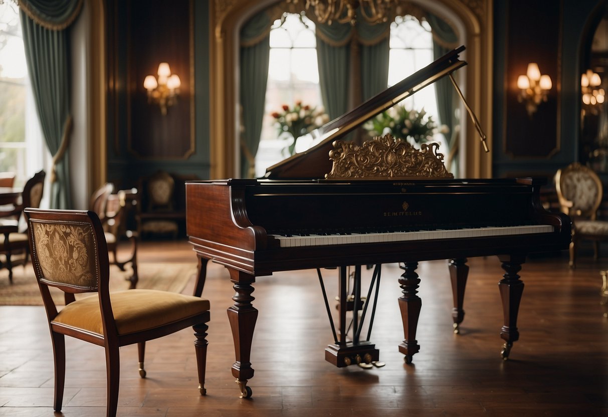 A Victorian home filled with ornate furniture and rich fabrics. A carved mahogany table sits in the center, surrounded by velvet chairs and a grand piano in the corner