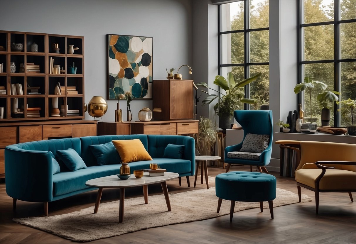 A room filled with avant-garde furniture pieces, each with its own distinct style and material, creating a visually captivating and eclectic space