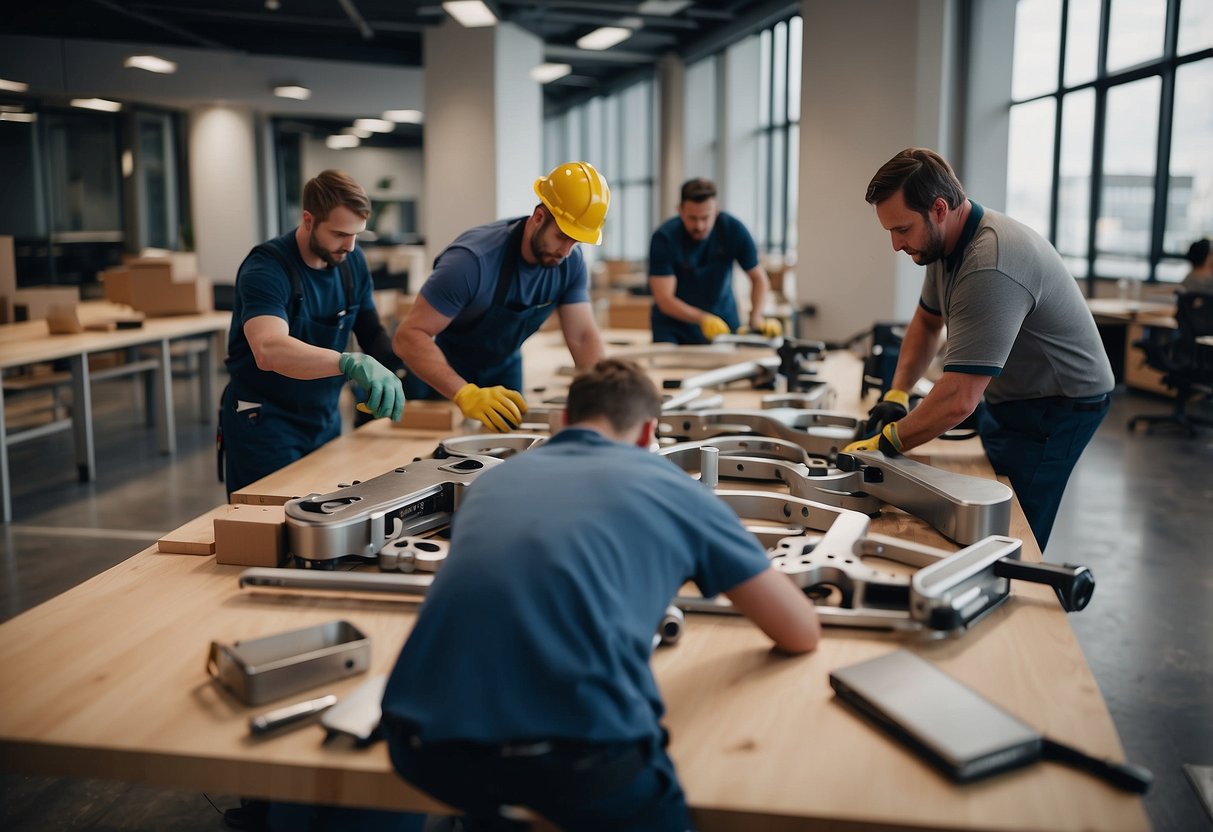 A team of workers assembling and installing furniture in a modern office space. Tools, equipment, and materials scattered around the room