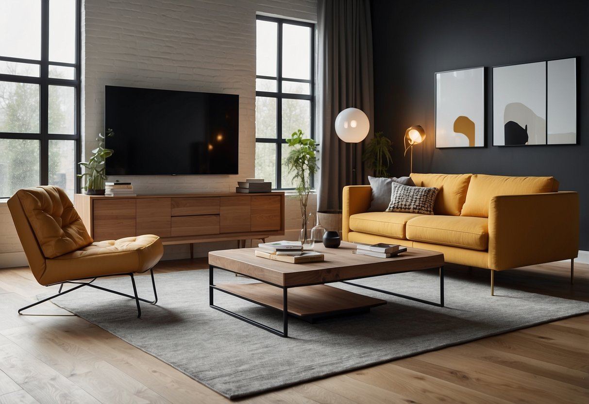 A modern living room with sleek, multifunctional furniture pieces and innovative storage solutions. Clean lines and bold colors create a stylish, functional space
