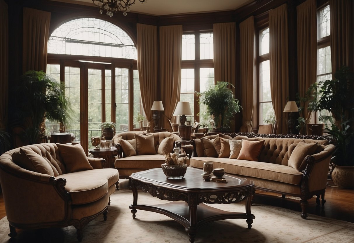 A grand Victorian home with ornate furniture, featuring intricate carvings, rich upholstery, and elegant curves. Rich wood tones and luxurious fabrics create a sense of opulence and sophistication