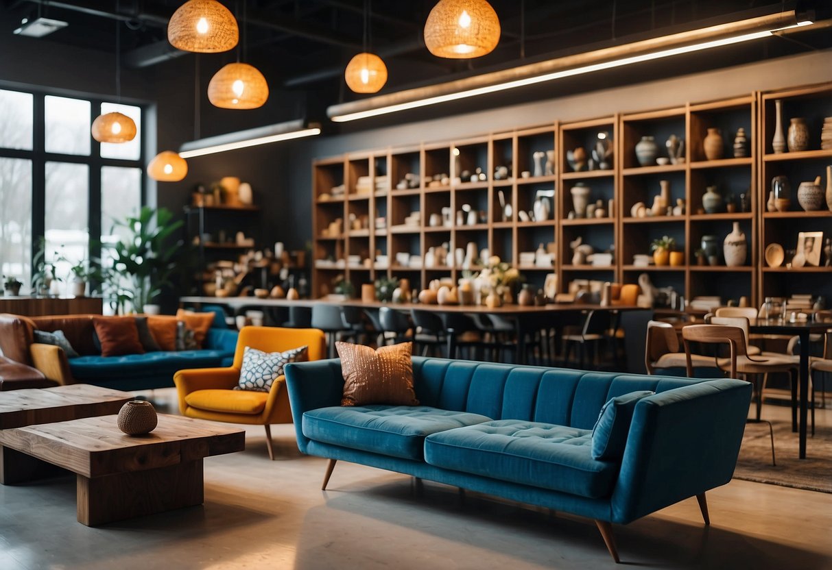 A room filled with unique and eye-catching furniture. Shelves, chairs, and tables draw attention with their unconventional designs and vibrant colors