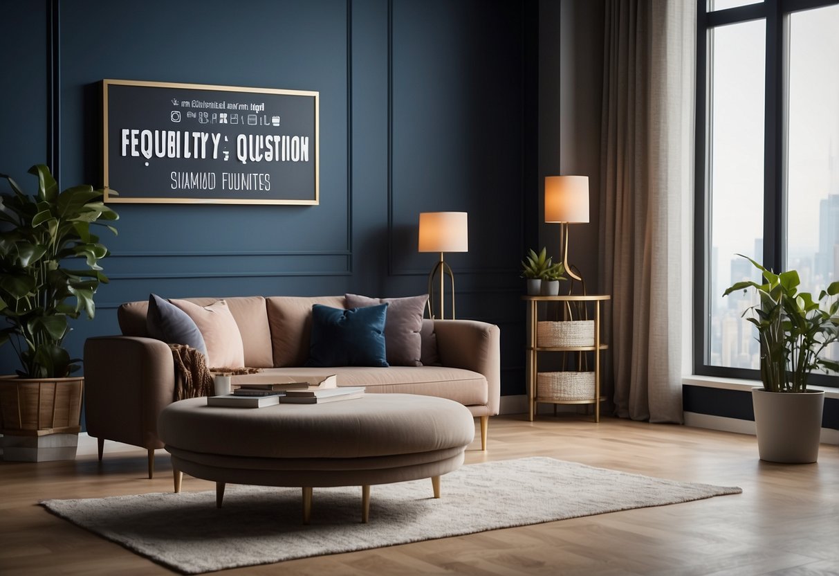 A room with neatly arranged furniture, a sign reading "Frequently Asked Questions" prominently displayed