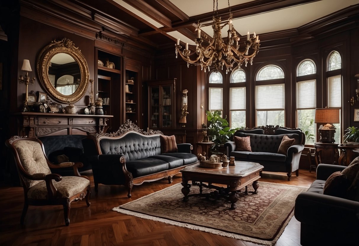 A Victorian home filled with ornate furniture and design elements, featuring intricate wood carvings, plush upholstery, and rich, dark colors