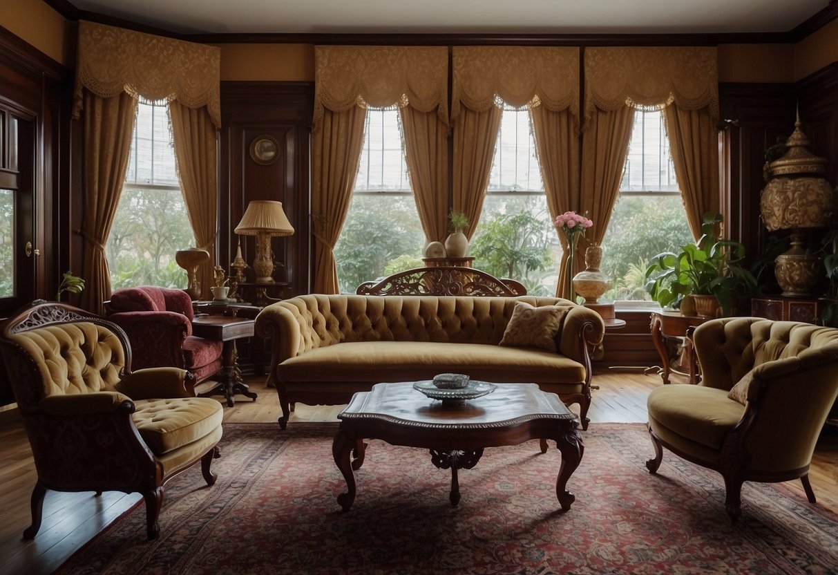A Victorian home with ornate furniture, including a velvet chaise lounge, mahogany dining table, and intricately carved chairs. Rich colors and patterns adorn the upholstery, and decorative details are abundant throughout the room