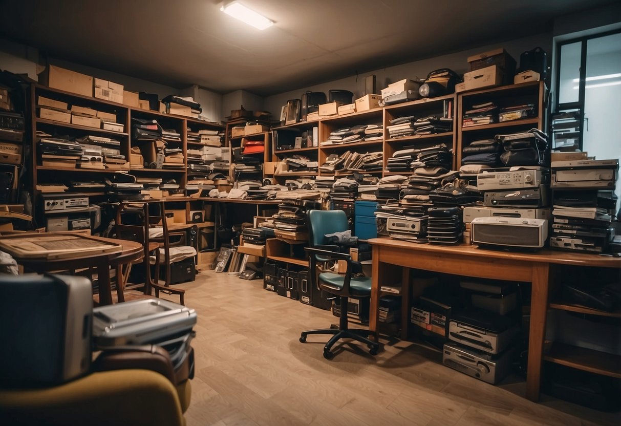 A cluttered room with various used furniture items for sale in Singapore. Tables, chairs, and shelves are stacked haphazardly, creating a sense of disarray