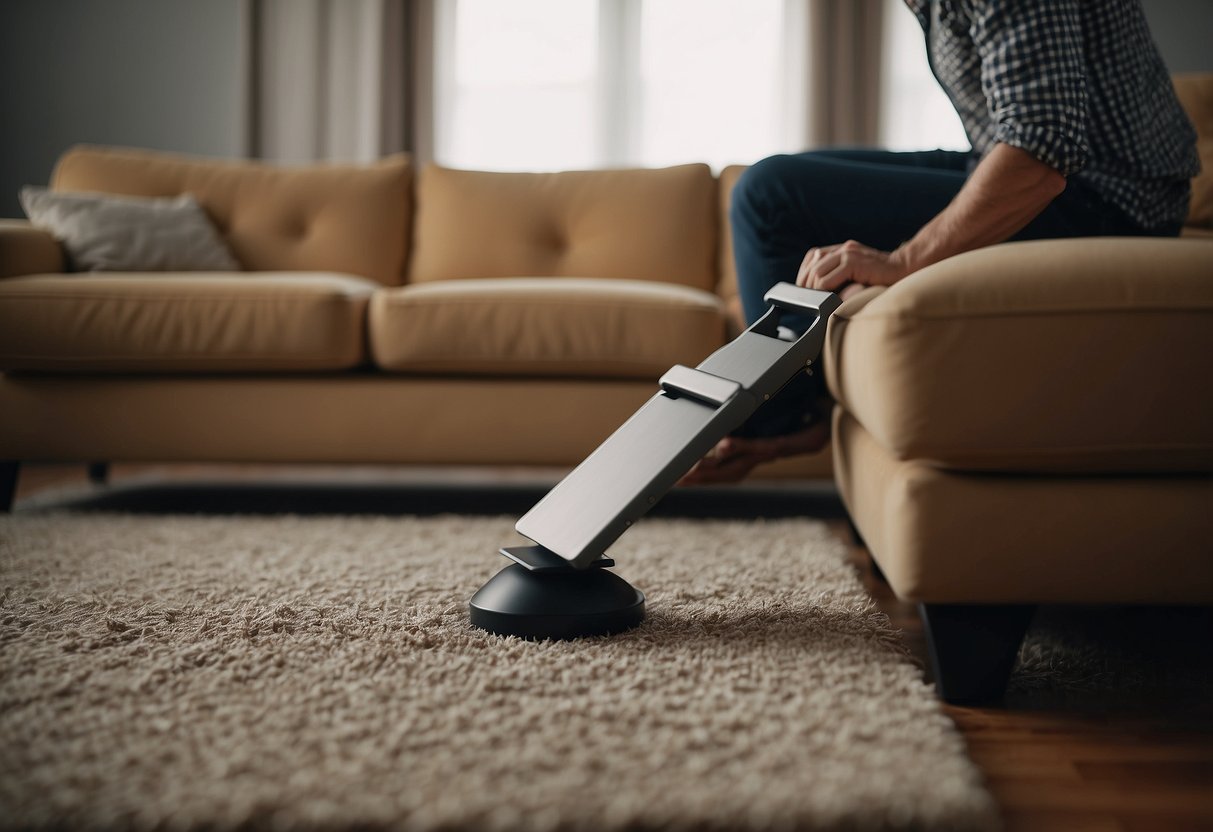A person uses furniture sliders to move a heavy couch across a carpeted floor