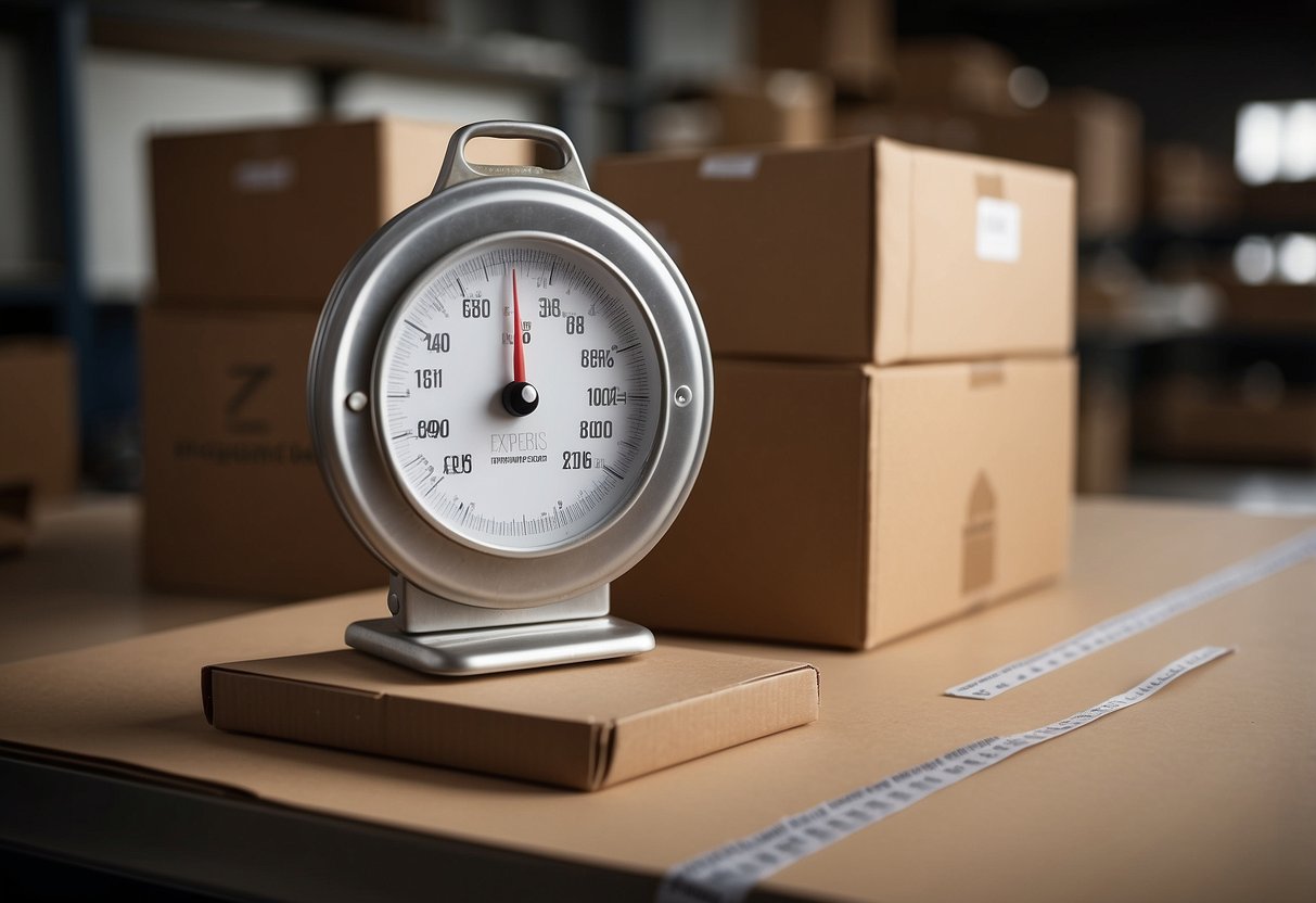 Furniture being measured and weighed on a scale, then packed into a cardboard box with shipping labels attached