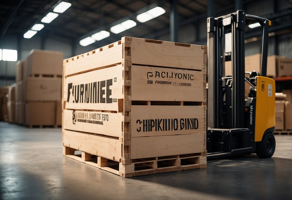 A large wooden crate labeled "Furniture Shipping" sits on a warehouse floor, surrounded by stacks of cardboard boxes and a forklift