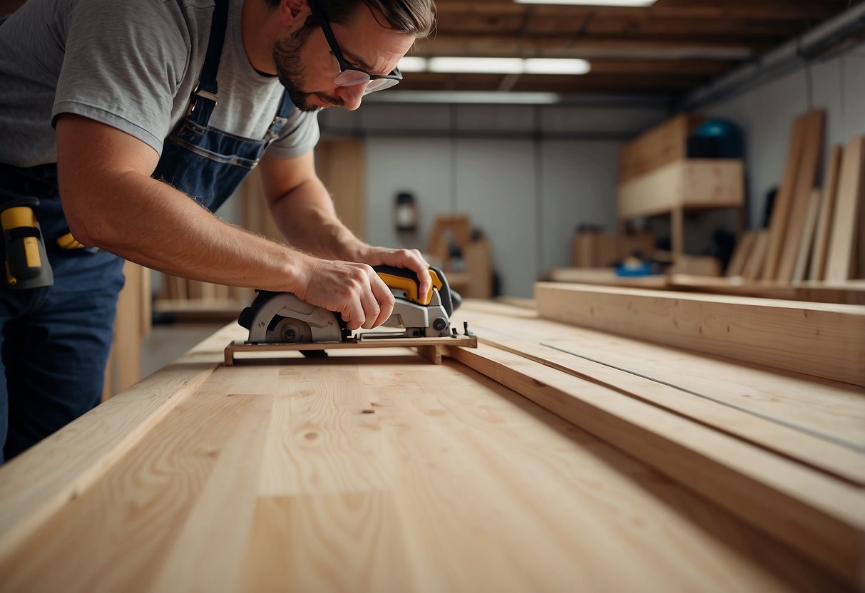 A carpenter measuring and cutting plywood sheets for furniture design. Saws, rulers, and a workbench are visible in the workshop