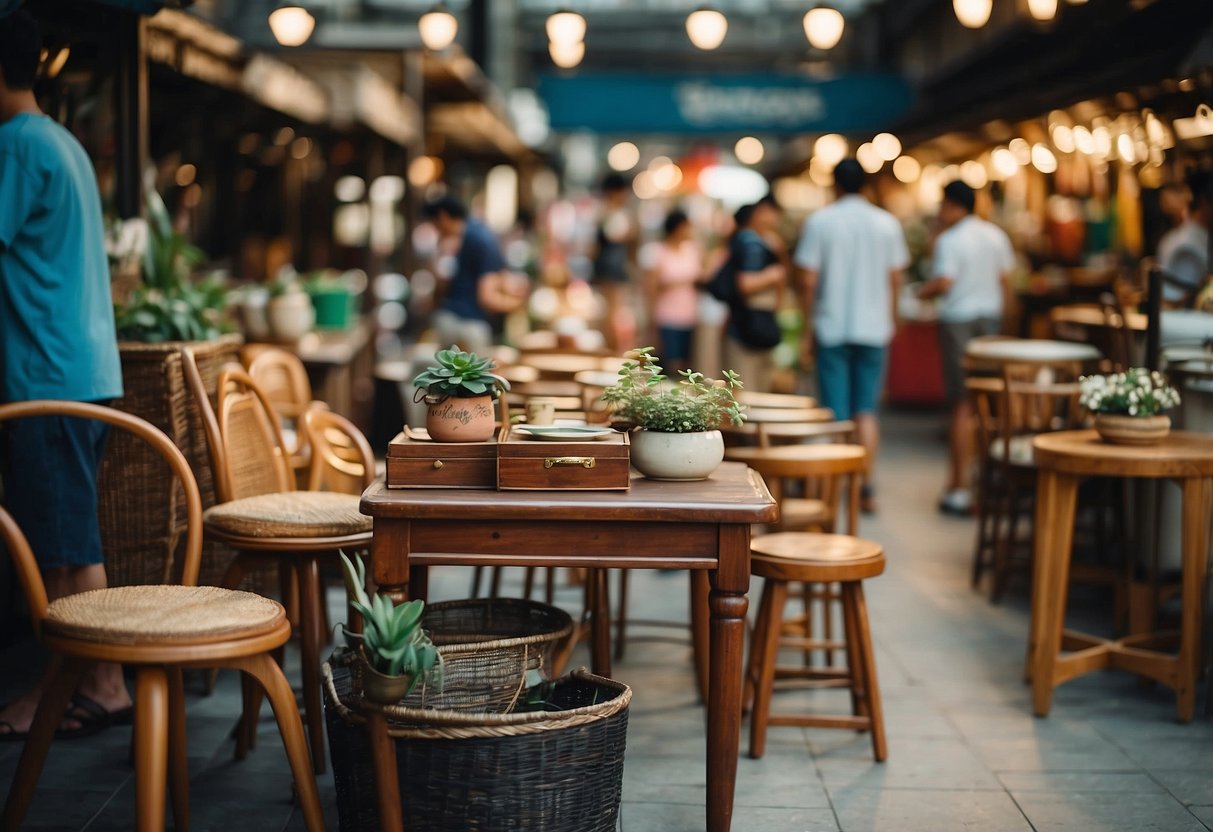 A bustling Singapore street market displays a variety of secondhand furniture pieces, from vintage cabinets to retro chairs, with eager shoppers browsing the eclectic selection