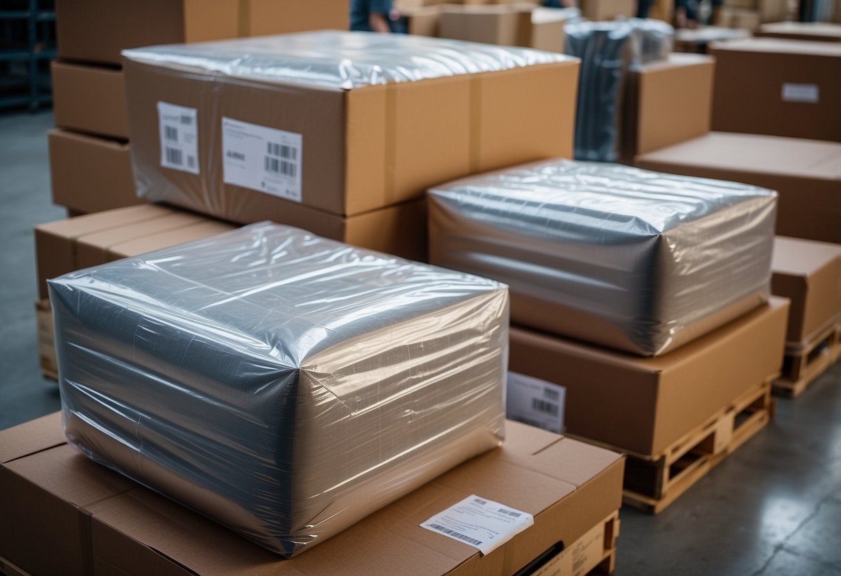 Furniture wrapped in protective materials, placed in sturdy boxes, labeled for shipment. Cost of shipping depends on size and weight