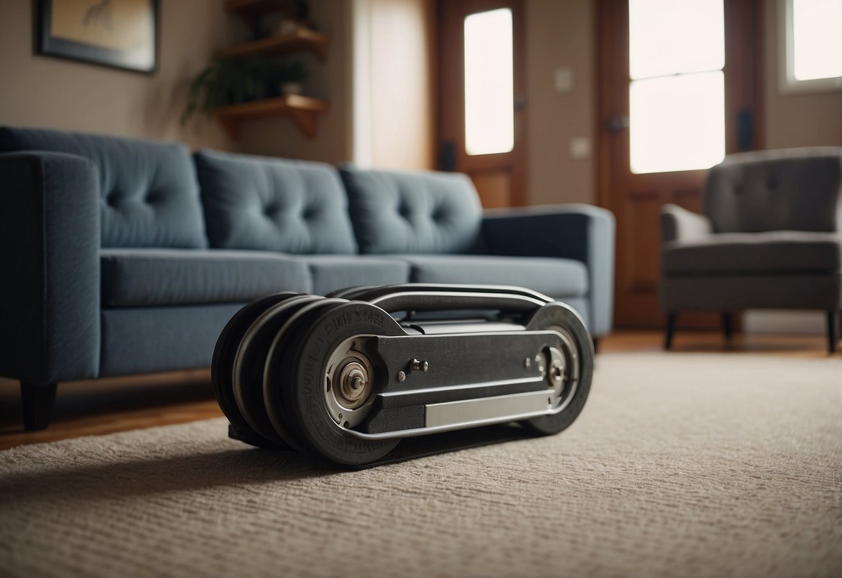 A person slides a furniture dolly under a heavy couch, then tilts it back and rolls it across the carpet using leverage and proper lifting techniques