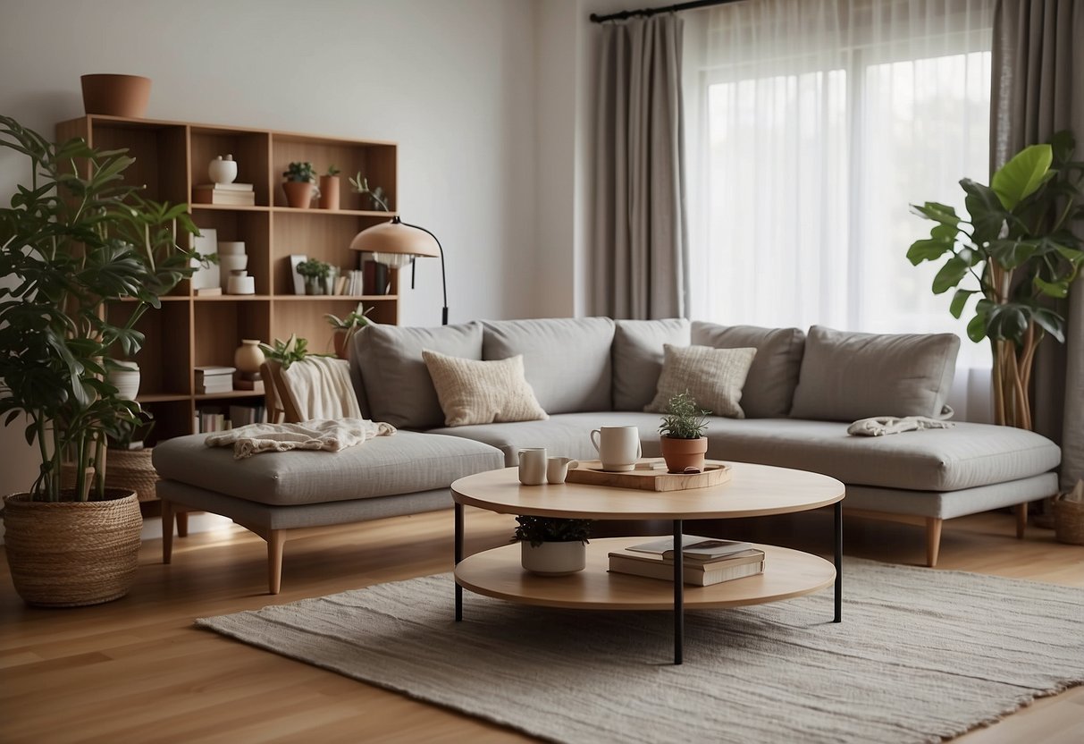 A cozy living room with a sofa, coffee table, and bookshelf. A floor lamp and potted plant add warmth to the space