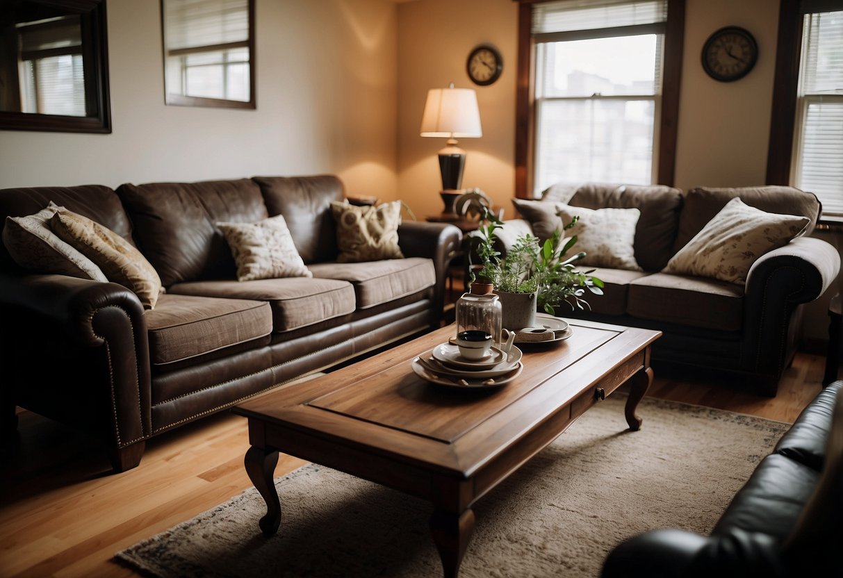 A cozy living room with a variety of preloved furniture, including sofas, chairs, and tables, displayed in a well-organized and inviting manner