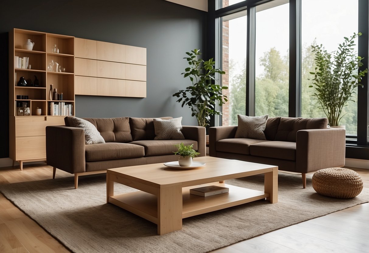 A modern living room with a plywood coffee table, bookshelf, and chair. Clean lines and minimalist design showcase the versatility of plywood furniture